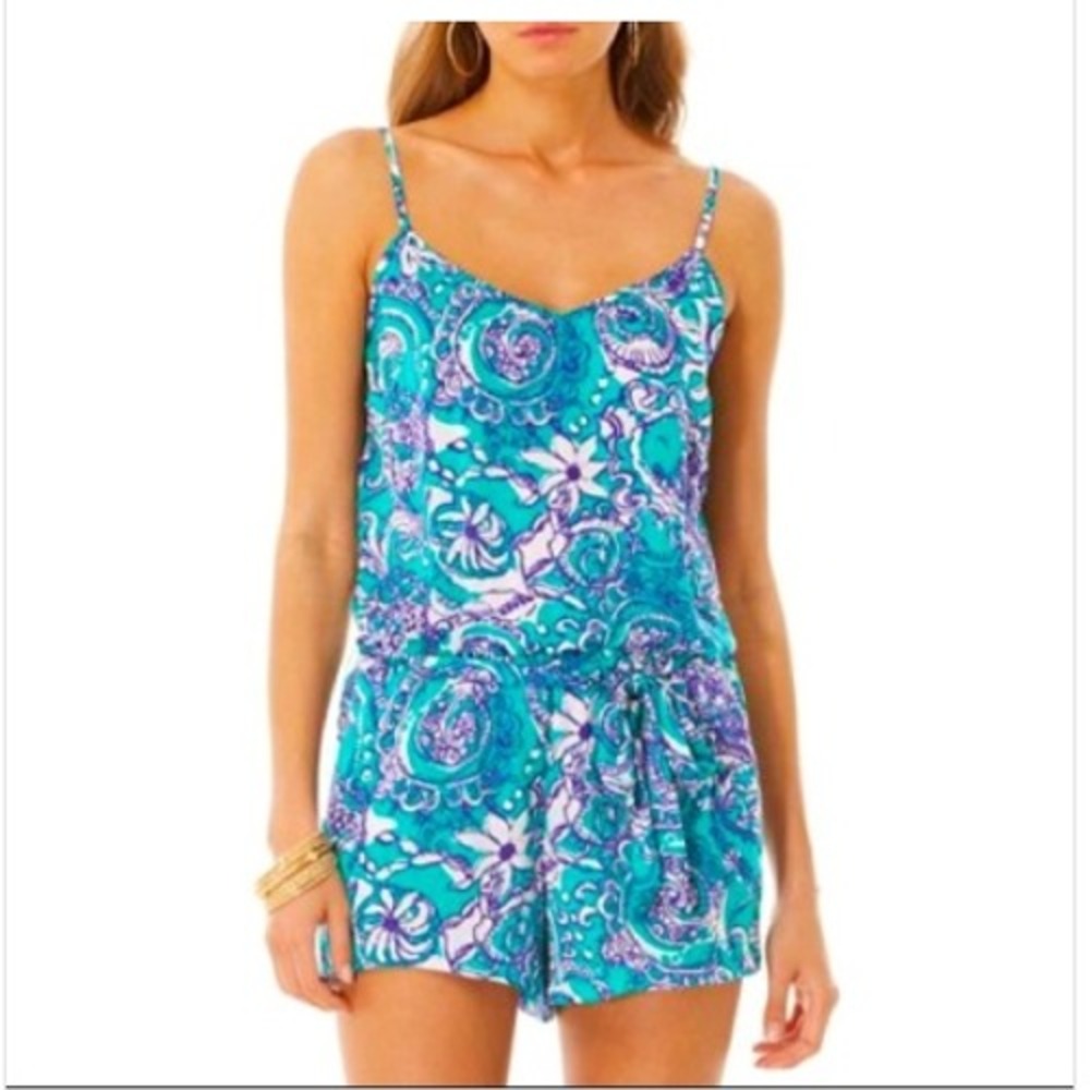 Lilly Pulitzer Womens Deanna Romper Teal Blue Green Paisley Floral Large